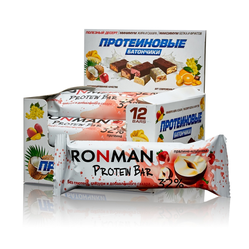 32 Protein bar, без глазури, шоу-бокс 12x50г, пралине-клубника